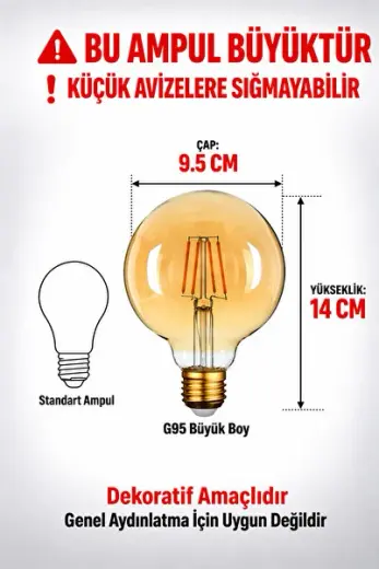 G95 Dekoratif Ampül - Rustik Led Ampül E27 Duy G95 Glop Model 4w