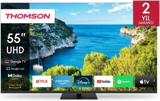 Thomson 55 İnç (139 cm) 4K Ultra HD Google TV, HDR10, Dolby Audio, Google Assistant, Chromecast Built-in, HDMI 2.1, Döner Stand, Wi-Fi, Uydu Alıcılı Akıllı LED TV
