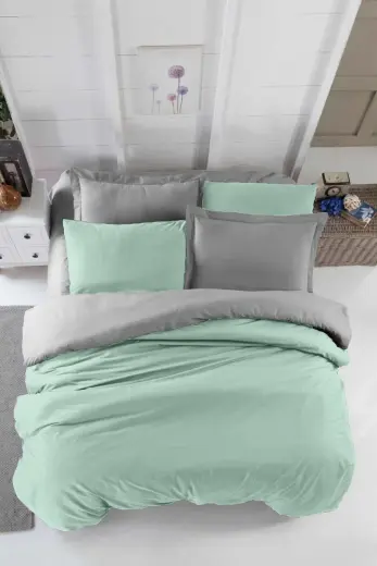 Çift Kişilik Lastikli Çarşaflı Nevresim Takımı Pamuklu Four Season Mint Gri