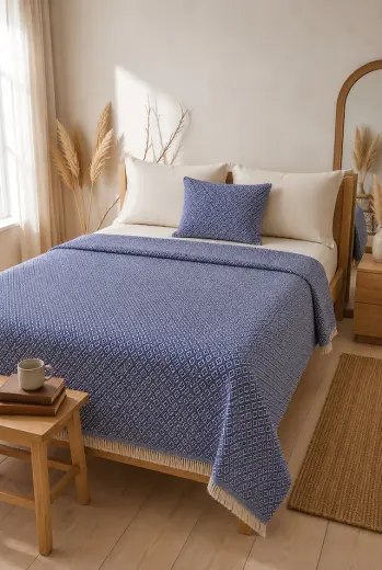 Lunga Vita Dokuma Pike Çiftkişilik 200x220 Çok Amaçlı Bohem Yatak Örtüsü Lacivert