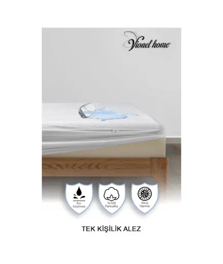 Vionel Home %100 Pamuk Yatak Koruyucu Alez Tek Kişilik Full Kenar Fitted Su & Sıvı Geçirmez