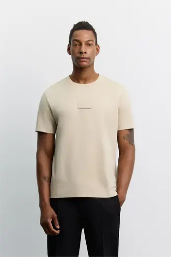 Bej Bisiklet Yaka Pamuklu Kolay Ütülenen T-Shirt