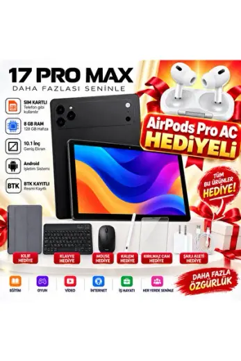 17 ProMax Sim Kartlı AirPro Kulaklık Hediyeli Klavye+Mous+Kalem+Kılıf+Kırılmazcam+Şarj Full Set