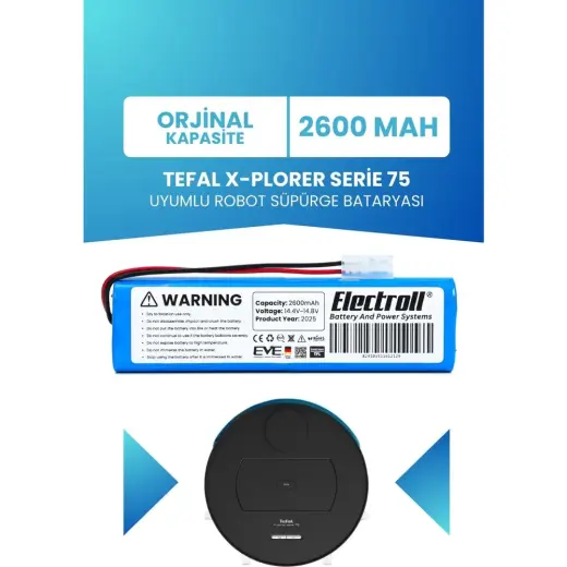Electroll Tefal X-Plorer Serie 75 Uyumlu Batarya (Orjinal Kapasite) 2600 MAH Pil Robot Süpürge Bataryası RG7675