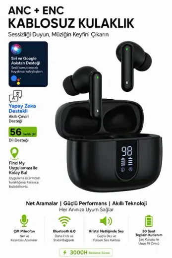 Çevirmen Kulaklık 56 Dil Destekli Yapay Zeka ANC ENC Bluetooth Kablosuz Kulaklık