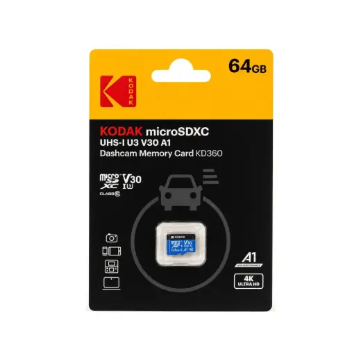 Kodak 64 GB Micro SD UHS-I U3 V30 A1 Hafıza Kartı KD360 Araç Kamerası İçin Yüksek Performanslı