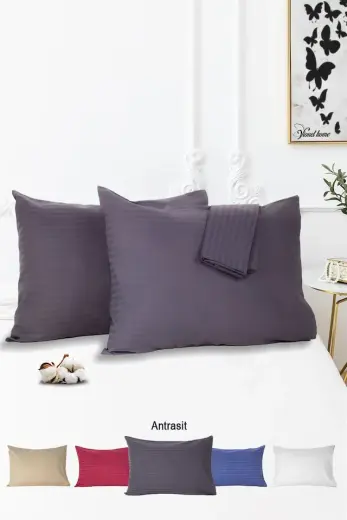 Vionel Home Pamuklu Çizgili Saten Yastık Kılıfı Antrasit 2'li 50 x 70