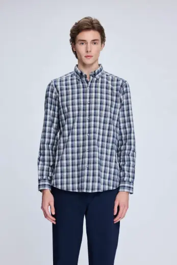 Lacivert Slim Fit Kareli Düğmeli Yaka Uzun Kollu Pamuklu Gömlek