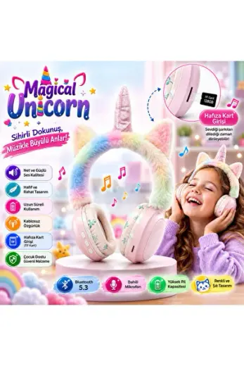 Unicorn Tasarımlı Şarjlı Çocuk Kulaklığı Bluetooth Kablosuz Kulak Üstü Kulaklık Mikrofonlu Hafıza Kart Destekli