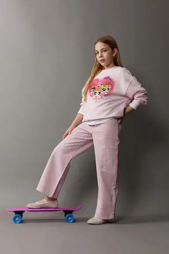 %100 Pamuk Wide Leg Kargo Jean Pantolon Kız Çocuk