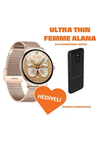 Powerbank Hediyeli Ultra Thin Femme Akıllı Saat Yuvarlak Çelik Kasa Metal Kordon Gold