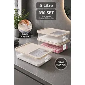 Meleni Home 3'lü Deterjan Saklama Kutusu - Sürgülü Kapak Banyo Organizer Toz Tablet Deterjan Kabı 5lt Bej