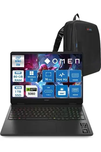 Omen 16-AM0037NT Ultra 5 225H 80GB 1tb SSD RTX5060 8gb W11HOME 16Inç 144Hz C39JBEAH38+Zetta Çanta