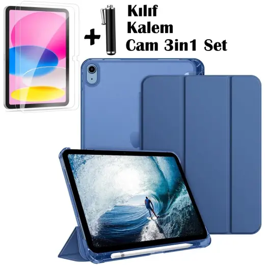 iPad (A16) 11 Nesil 11 Inç 2025, iPad 10 Nesil 10,9 Inç 2022 Uyumlu Tablet Kılıfı Akıllı Smart Uyku Modlu Katlanabilir Arkası Renkli Standlı Kılıf +Ekran Koruyucu Cam+Kalem 3'lü Set A3354 A3355 A3356
