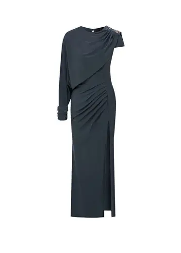 Gri Jarse Drape Detaylı Kadın Midi Boy Elbise