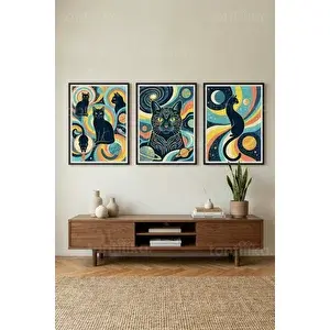Tontilika Kozmik Kedili Modern Sanat 3’lü Ahşap Çerçeveli Tablo Seti 30x42 cm