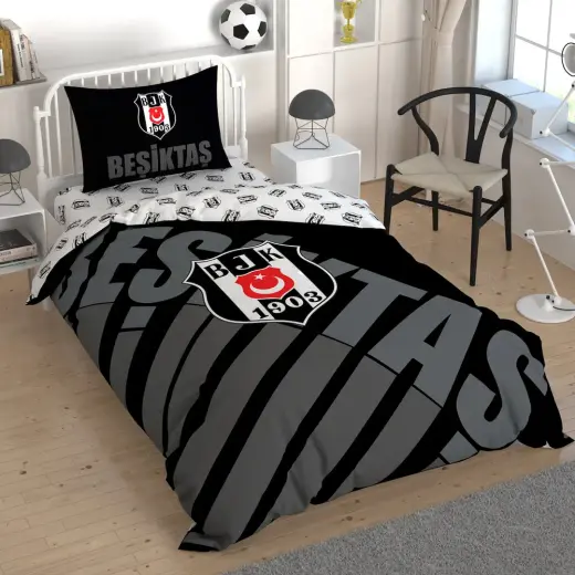 Taç Lisanslı Beşiktaş Siyah Logo Pamuk Tek Kişilik Nevresim Takımı