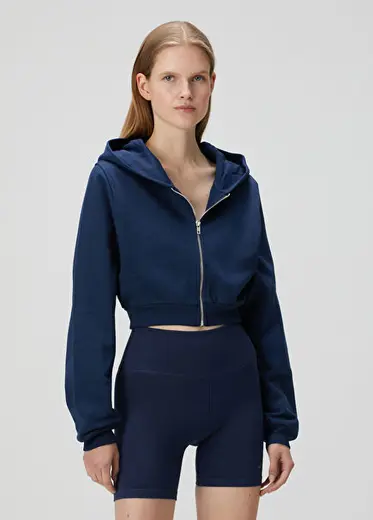 Aura Lacivert Fermuarlı Crop Hoodie