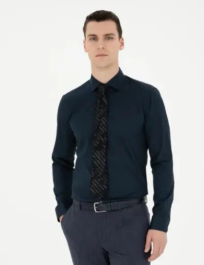 Lacivert Likralı Kolay Ütülenebilir Ekstra Slim Fit Basic Gömlek