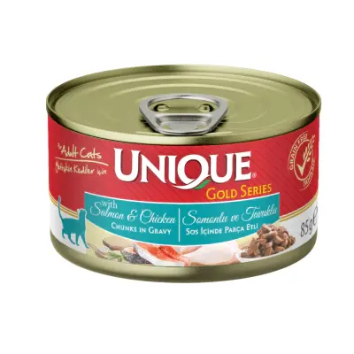 Unique Gold Series Gravy Sos İçinde Parçalı Somonlu ve Tavuklu Yetişkin Kedi Konservesi 85gr