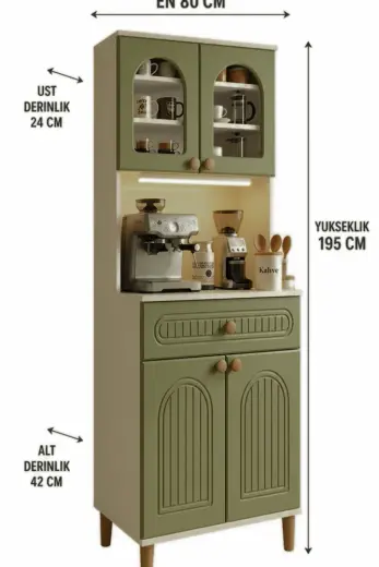 Upstyle Barista Led Aydınlatmalı Kahve Köşesi Dolabı Retro Büfe 195 Cm Mdf Koyu