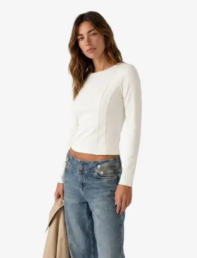 Koyun Yünü Karışımlı Slim Fit Dikiş Detaylı Uzun Kollu Bisiklet Yaka Bluz