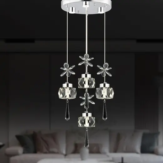 Apliqa Amaris 4'lü Yuvarlak 3 Renkli 52 Watt Krom Kelebek Led Avize Kristal Ledli Modern Oturma Odası Salon Sarkıt Avize