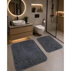 Halı Atölyesi Premium 2'li Banyo Paspas Seti Kaymaz Taban Yumuşak Dokulu 60x100 & 50x60 Füme Antrasit