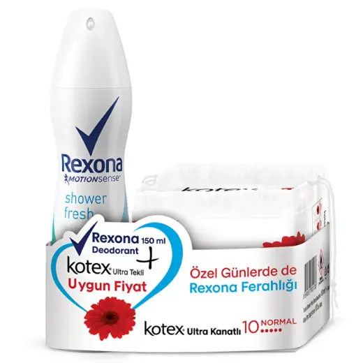 Rexona Shower Fresh Kadın Deodorant Sprey 150 ml + Kotex Ultra Tekli Normal Hijyenik Ped 10'lu