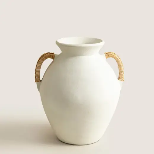 Çift Kulplu Beyaz/Natürel Terracotta Vazo Natural