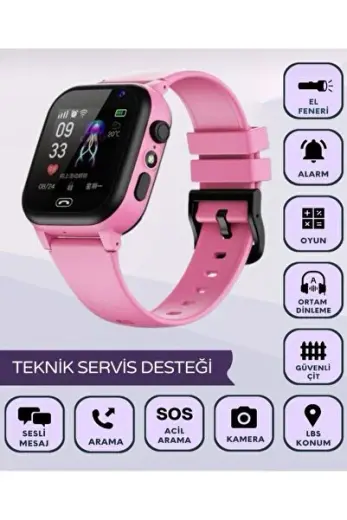 Sim Kartlı Akıllı Çocuk Saati Sos Kamera Konum Takip Ortam Dinlemeli-PEMBE