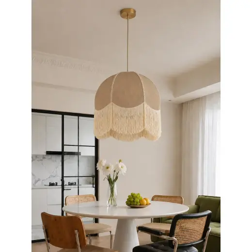 Apliqa Shelly Krem Rengi Püsküllü Modern Salon, Yatak Odası Sarkıt Avize