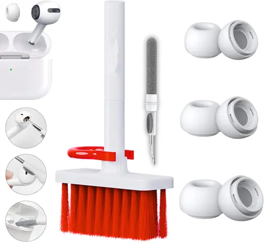 Pro ve Pro 2.Nesil Uyumlu Anc Delikli Silikon Kulaklık Uçları (S,M,L) ve 5'i 1 Arada Bluetooth Kulaklık ve Elektronik Ürün Temizleme Kalemi Seti (Beyaz - Kırmızı)