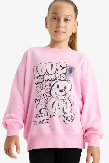 Oversize Geniş Kalıp Bisiklet Yaka Baskılı Sweatshirt Kız Çocuk