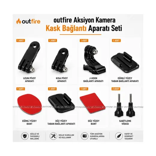 Outfire Aksiyon Kamera Kask Bağlantı Aparatı Seti Tüm Aksiyon Kameralar için Eğimli ve Düz Yüzey Uyumlu