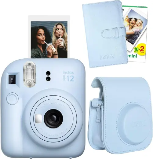 Instax mini 12 Mavi Fotoğraf Makinesi-20'li Film-Laporta Albüm ve Deri Kılıf Seti