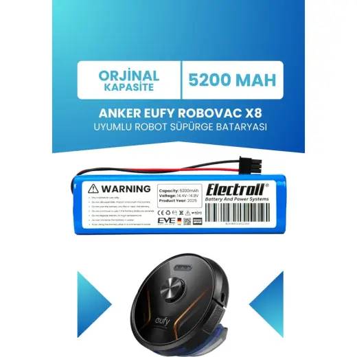 Electroll Anker Eufy Robovac X8 Hybrid Batarya (ORJİNAL KAPASİTE) 5200 mah Pil Akıllı Robot Süpürge Batarya Değişimi