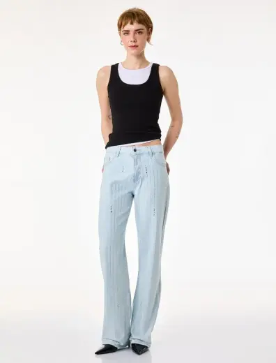Uzun Düz Paça Normal Bel Cepli Düğmeli Taşlı Denim Pantolon - Longer Straight Fit Jean