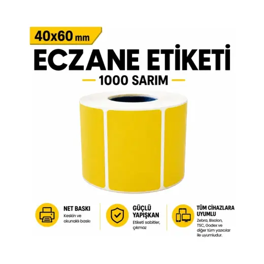 RULORULO 40X60 Termal Eczane Etiketi 1000 Sarım 10 Rulo Sarı Renk