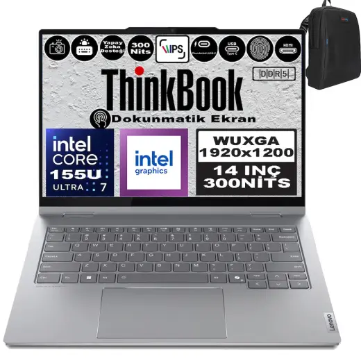 Lenovo Thinkbook 14 2-In-1 G4 Iml Intel Core Ultra 7 155U 16 GB Ddr5 512 GB SSD 14" Dokunmatik Wuxga 300NITS IPS Windows 11 Home Taşınabilir Bilgisayar 21MX002VTRH01 + Zetta Çanta