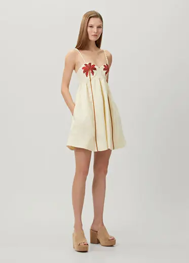 Coconut Tree Ekru İşlemeli Keten Mini Elbise