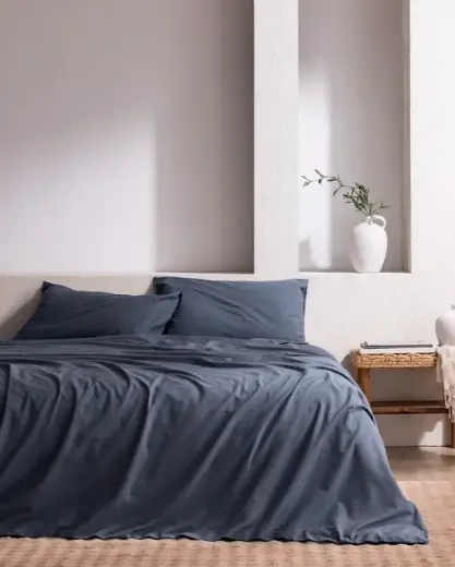 Tracey King Size %100 Pamuk Pileli Linen Look Yıkamalı Çarşaflı Nevresim Takımı - İndigo