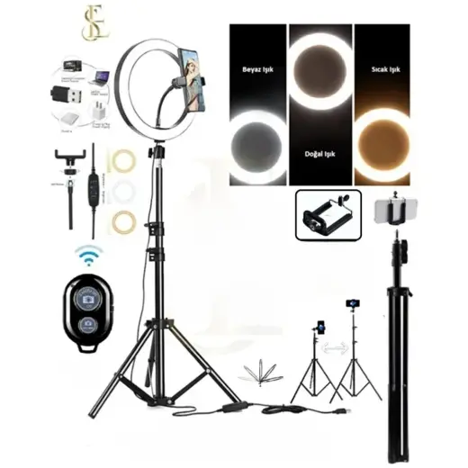 Ensiga Mega Paket Bluetooth Kumandalı 10INÇ Rıng Lıght Siyah 2.1mt Tripod Youtuber ve TikTok İçin