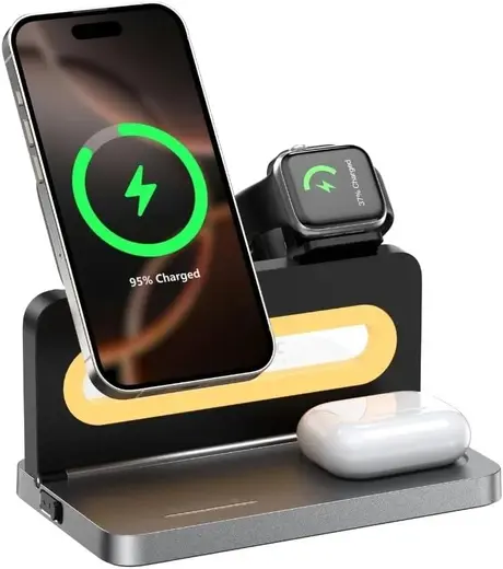 Bix TPS02 3’ü 1 15W Kablosuz Manyetik Şarj Standı Telefon TWS Kulaklık Akıllı Saat Gece Lambalı iPhone AirPods Apple Watch Uyumlu