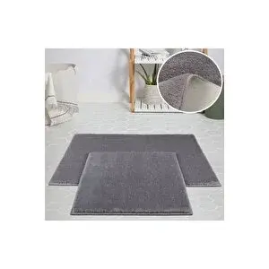 My Evilla Modern Dekoratif Halı Jel Kaymaz Taban Peluş Açık Gri Paspas Takımı 50x80