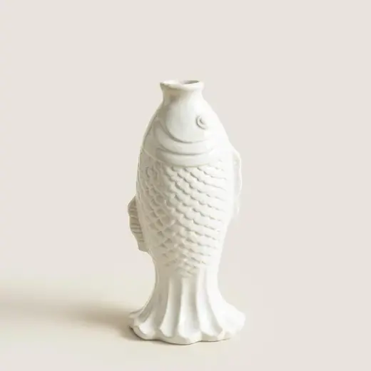 Balık Formlu Beyaz Stoneware Soliflore Vazo Natural