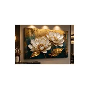 Mgi Design Altın Detaylı Beyaz Çiçek Kanvas Tablo – Lüks Modern Floral Duvar Dekoru | Salon, Antre, Koridor, Ofis Ve Otel Dekorasyonu | Modern Duvar Dekoru | Salon, Yatak Odası Ve Ofis İçin | Sanatsal Ev Dekoras 20x30 cm