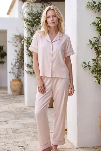 Pembe Clara Gömlek Yaka Pijama Takımı