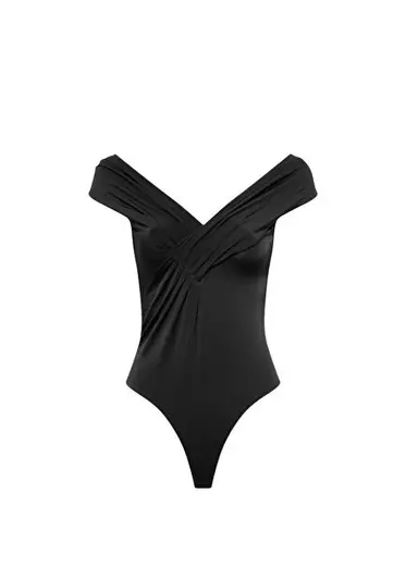 Siyah Kayık Yaka Büzgü Detaylı Kolsuz Kadın Body