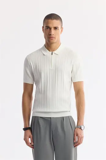 Ekru Polo Yaka Rayon Triko T-Shirt